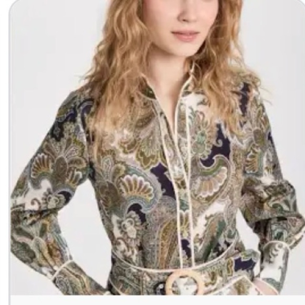 Veronica Beard Thorp Rope-trimmed Paisley-print Linen Blouse "Army Multi Sz 4